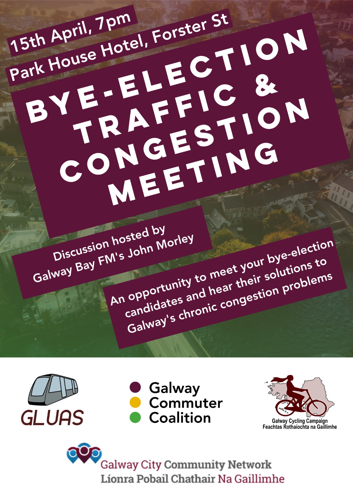 Poster for the Galway transport by-election hustings at the Park House Hotel on Wednesday 15 April 2026 at 7pm.